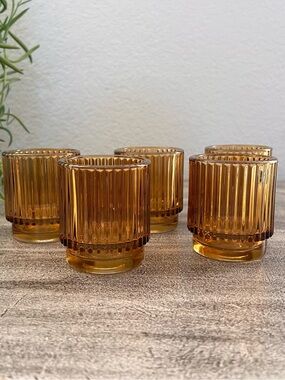 5 Kate Aspen Ribbed Amber Glass Tealight & Votive Candle Holders